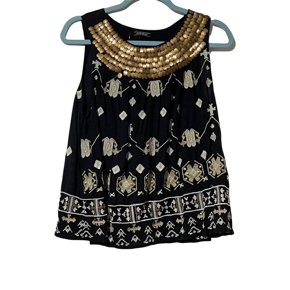 Lucky Brand Womens Black Sleeveless Embroidered Top With Golden Accents
